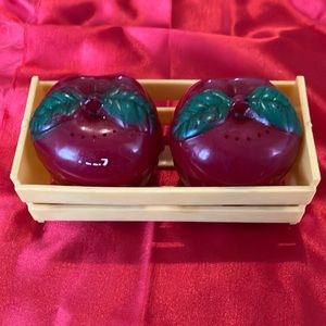 Vintage Plastic Red Apple Salt and Pepper Shakers in a Plastic Yellow Crate